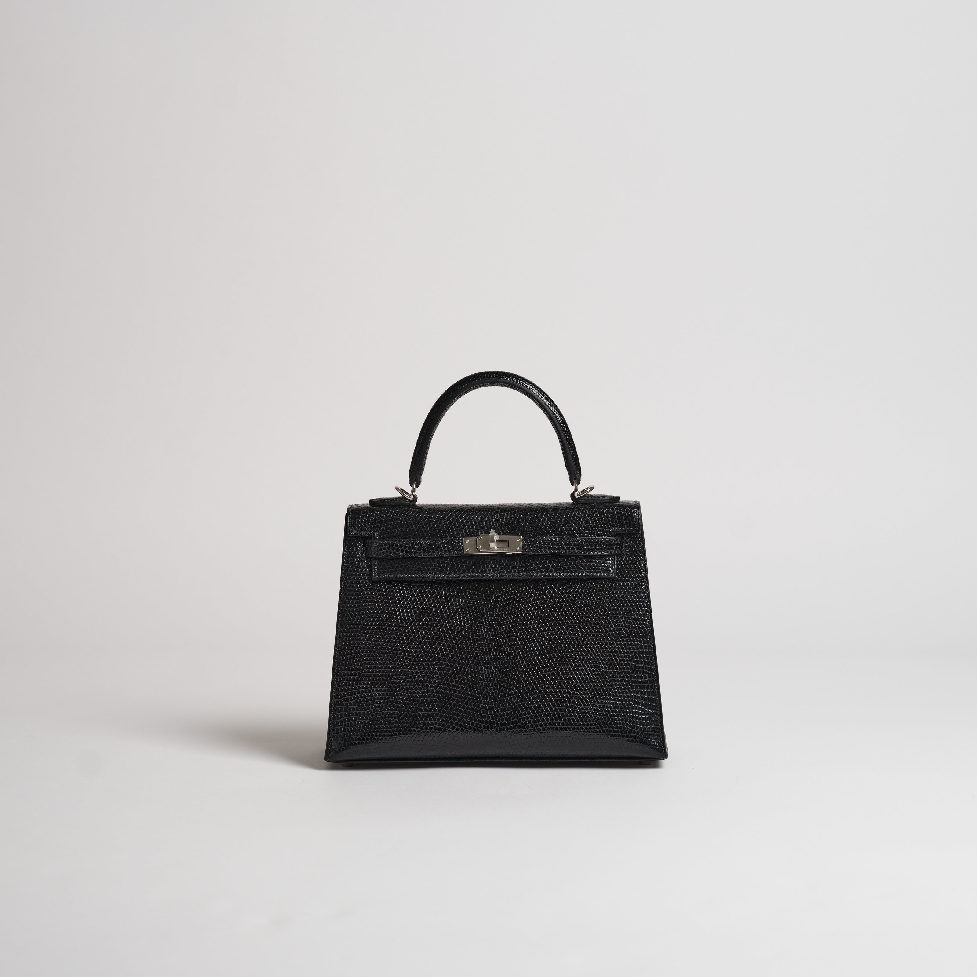Hermès 25cm Kelly Sellier black lizard palladium hardware