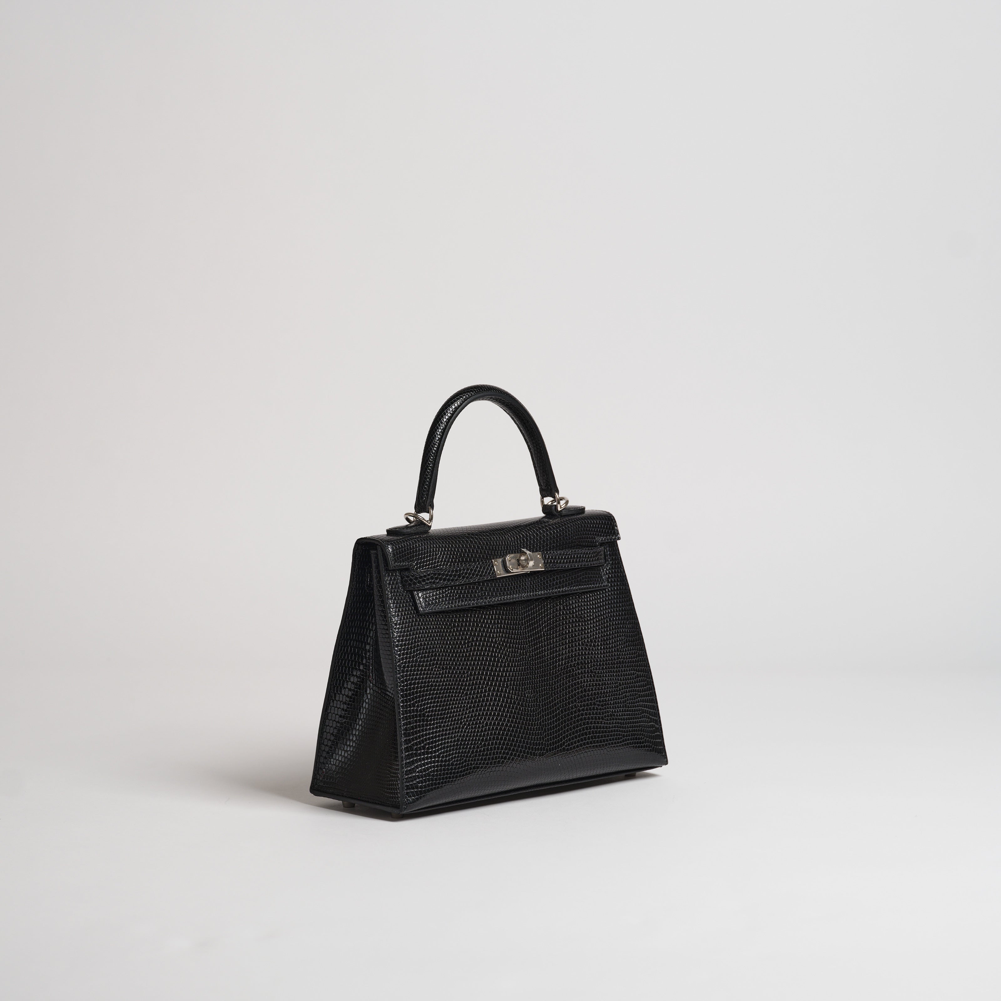 Hermès 25cm Kelly Sellier black lizard palladium hardware