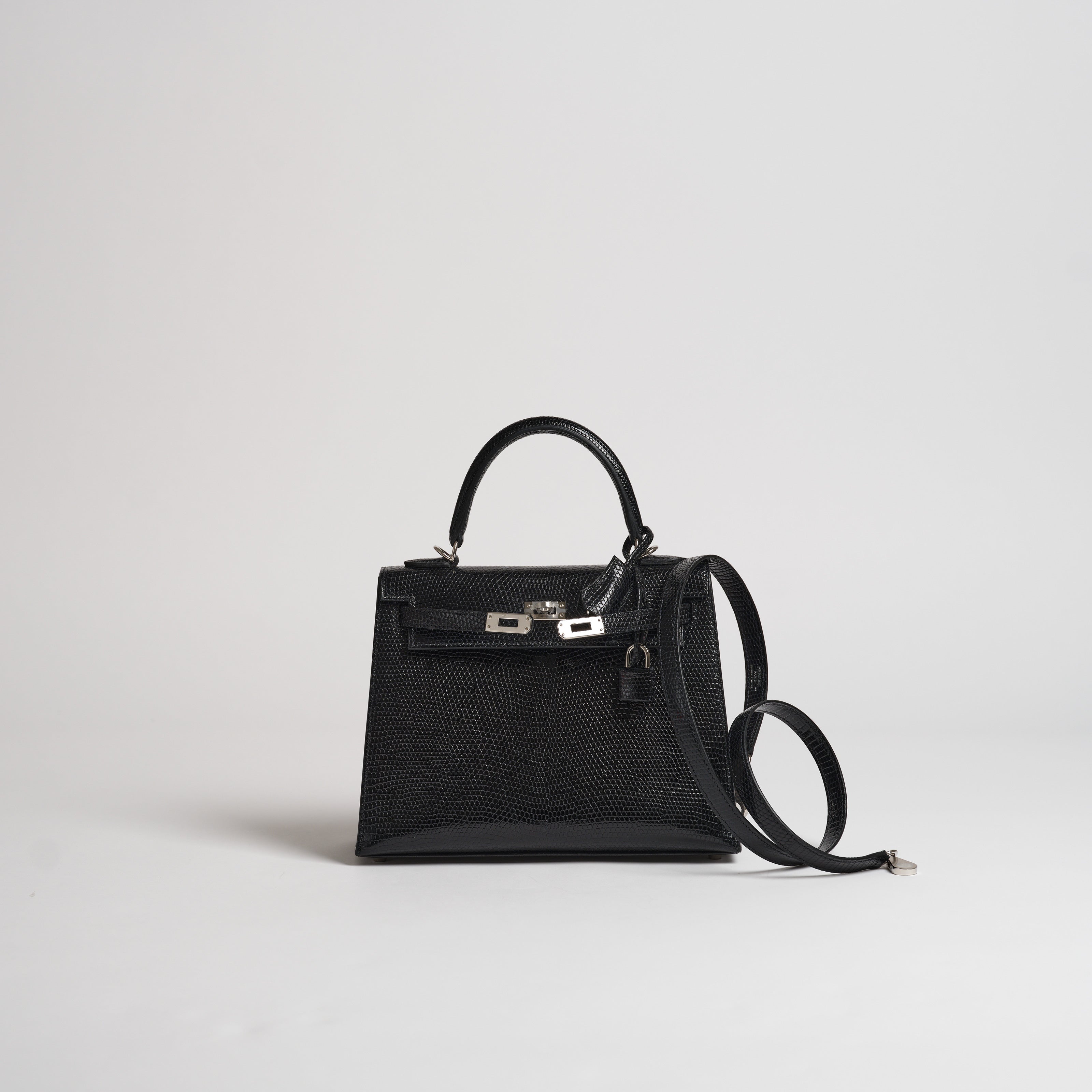 Hermès 25cm Kelly Sellier black lizard palladium hardware