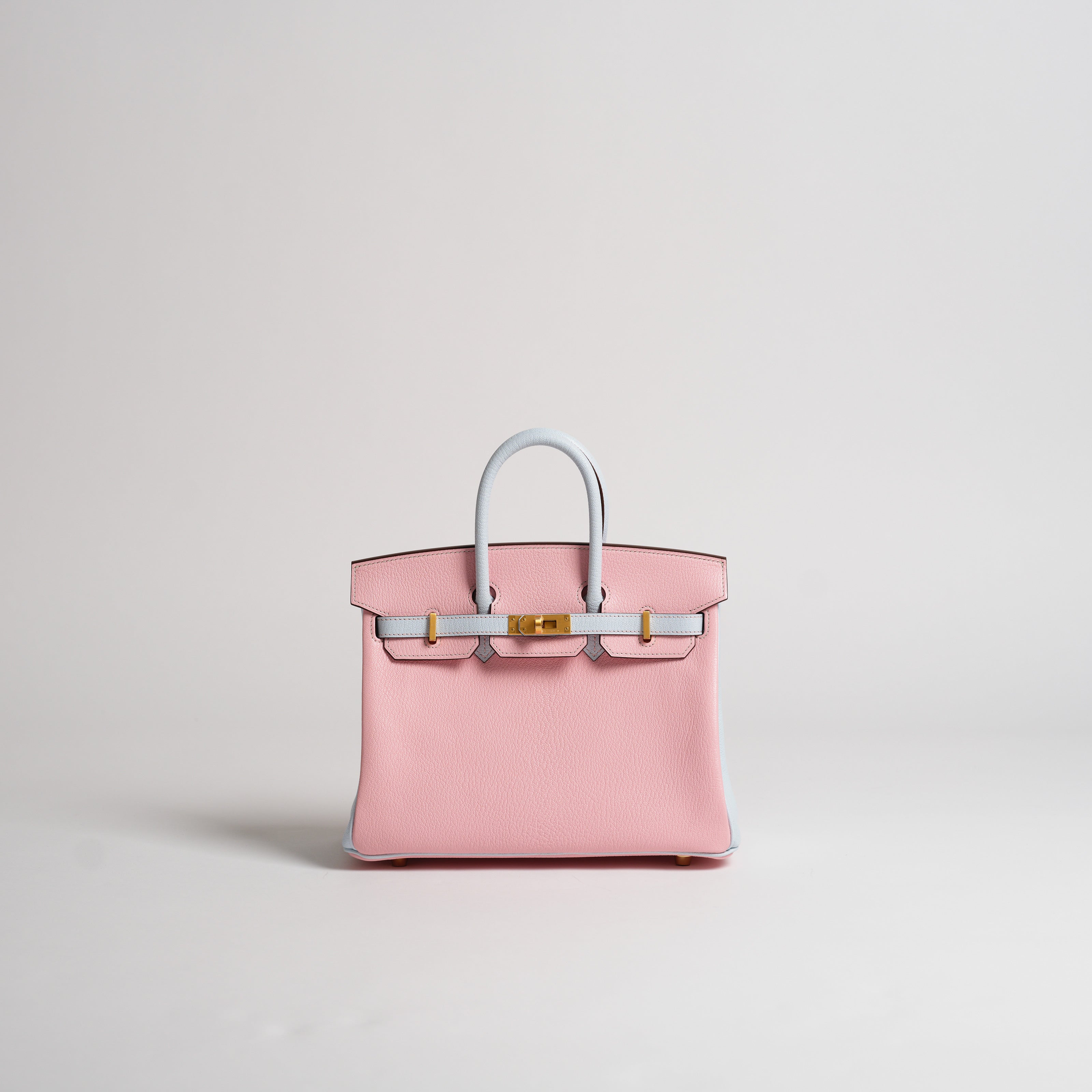 Hermès 25cm Birkin Horseshoe rose sakura & blue brume chèvre brushed gold hardware