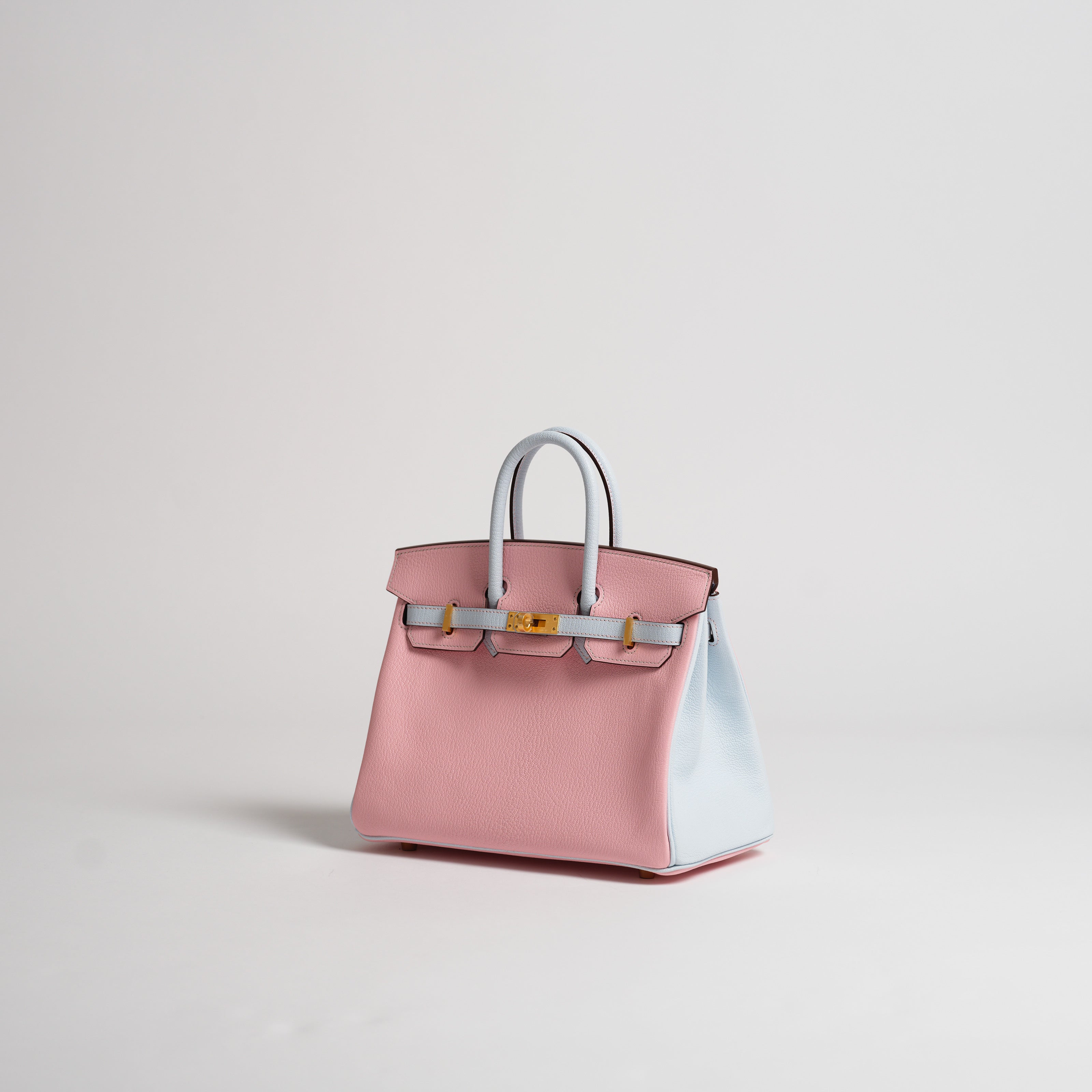 Hermès 25cm Birkin Horseshoe rose sakura & blue brume chèvre brushed gold hardware