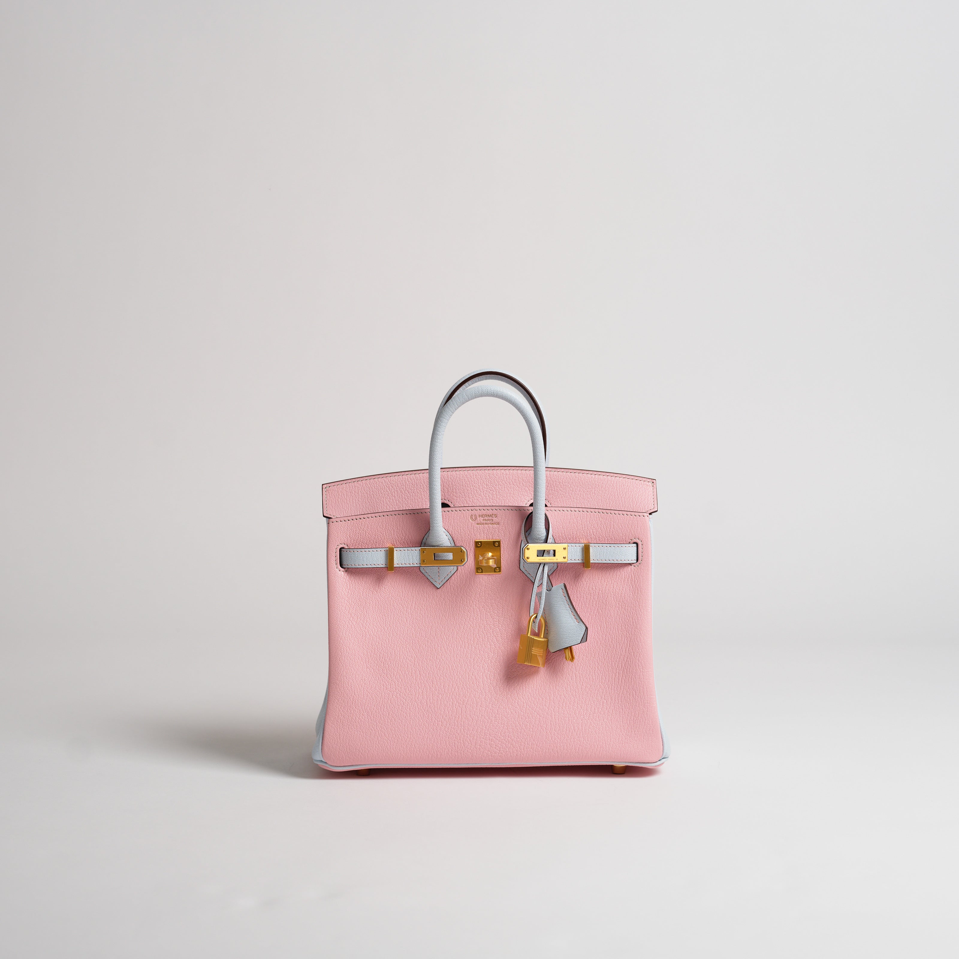 Hermès 25cm Birkin Horseshoe rose sakura & blue brume chèvre brushed gold hardware