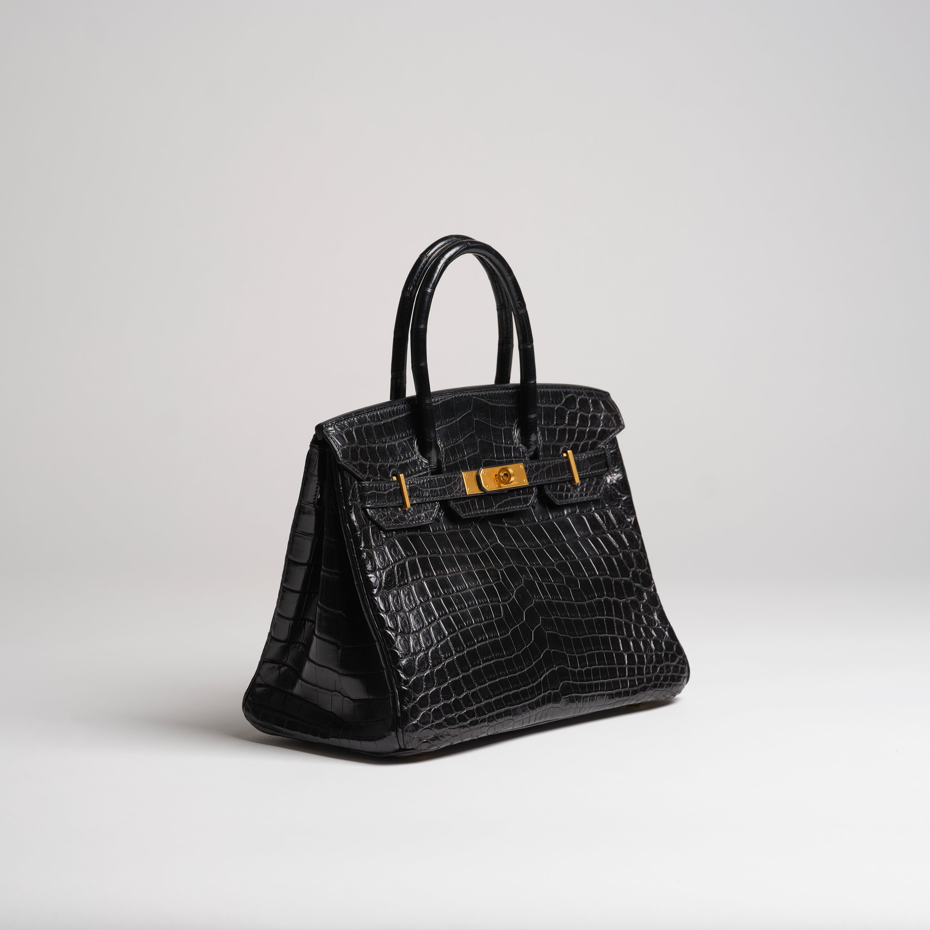 Hermès 30cm Birkin black matt nilo croc brushed gold hardware