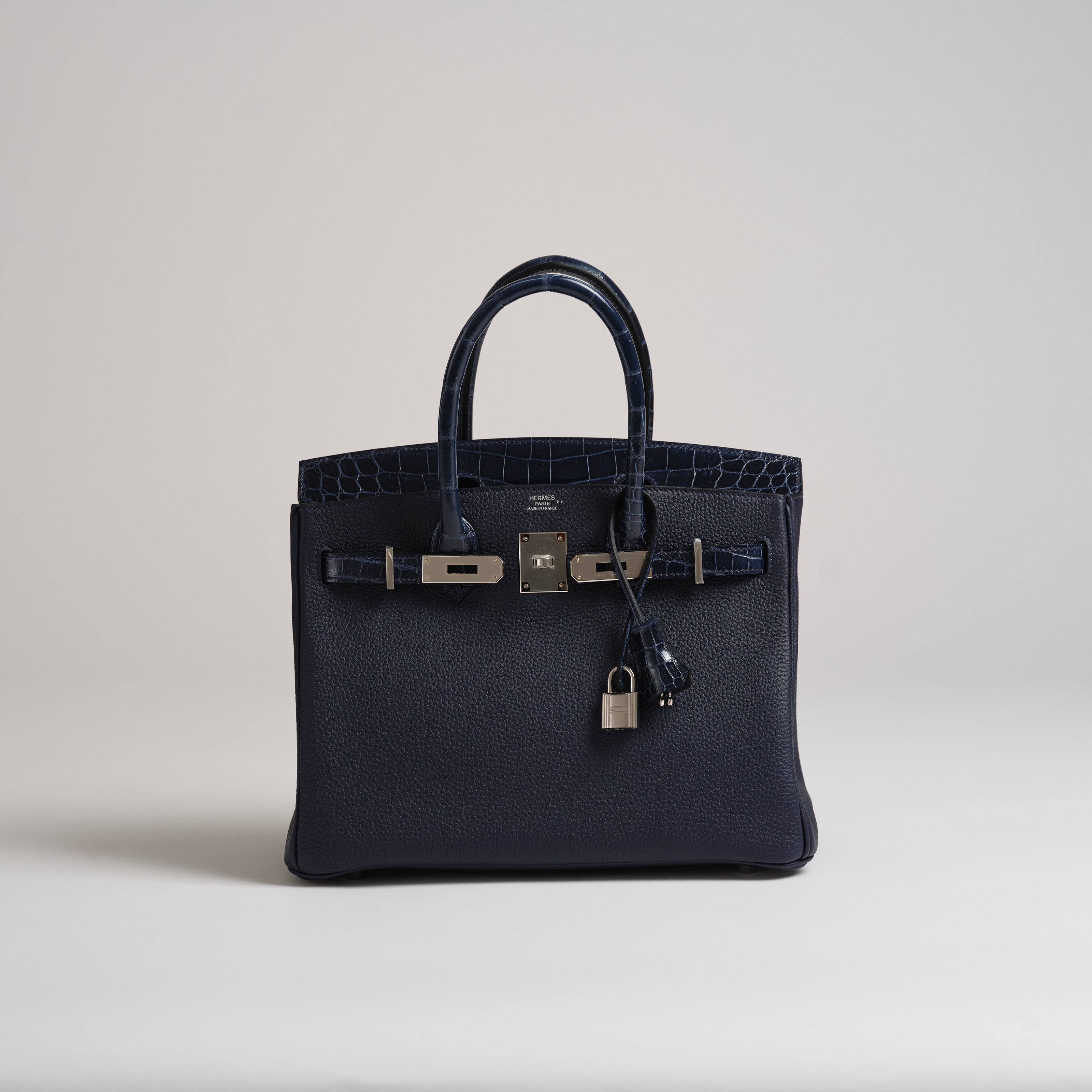 Hermès 30cm Birkin TOUCH blue baltic togo & shiny nilo croc palladium hardware
