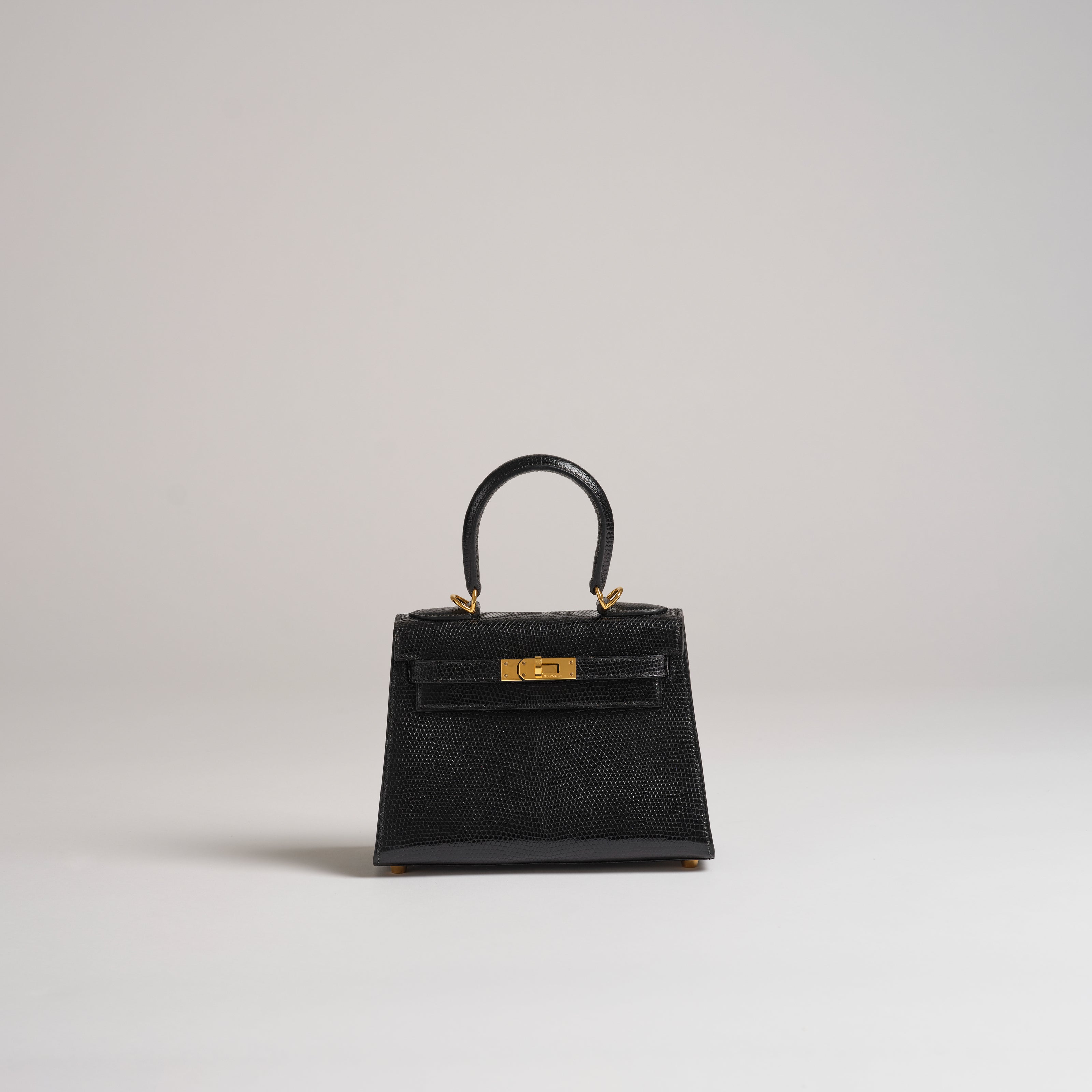Vintage Hermès 20cm Kelly Sellier black lizard gold hardware