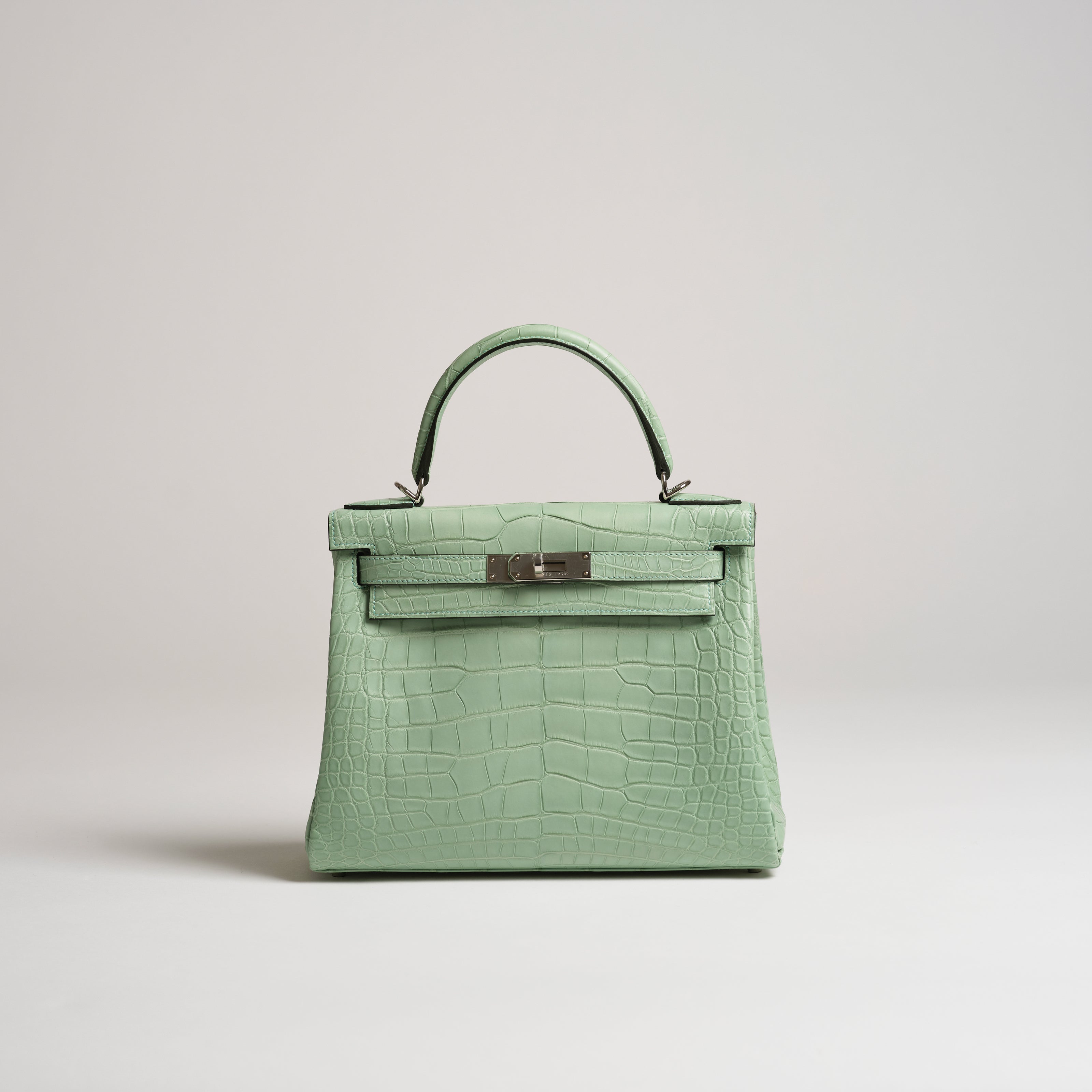 Hermès 28cm Kelly Retourne vert d'eau matt alligator palladium hardware