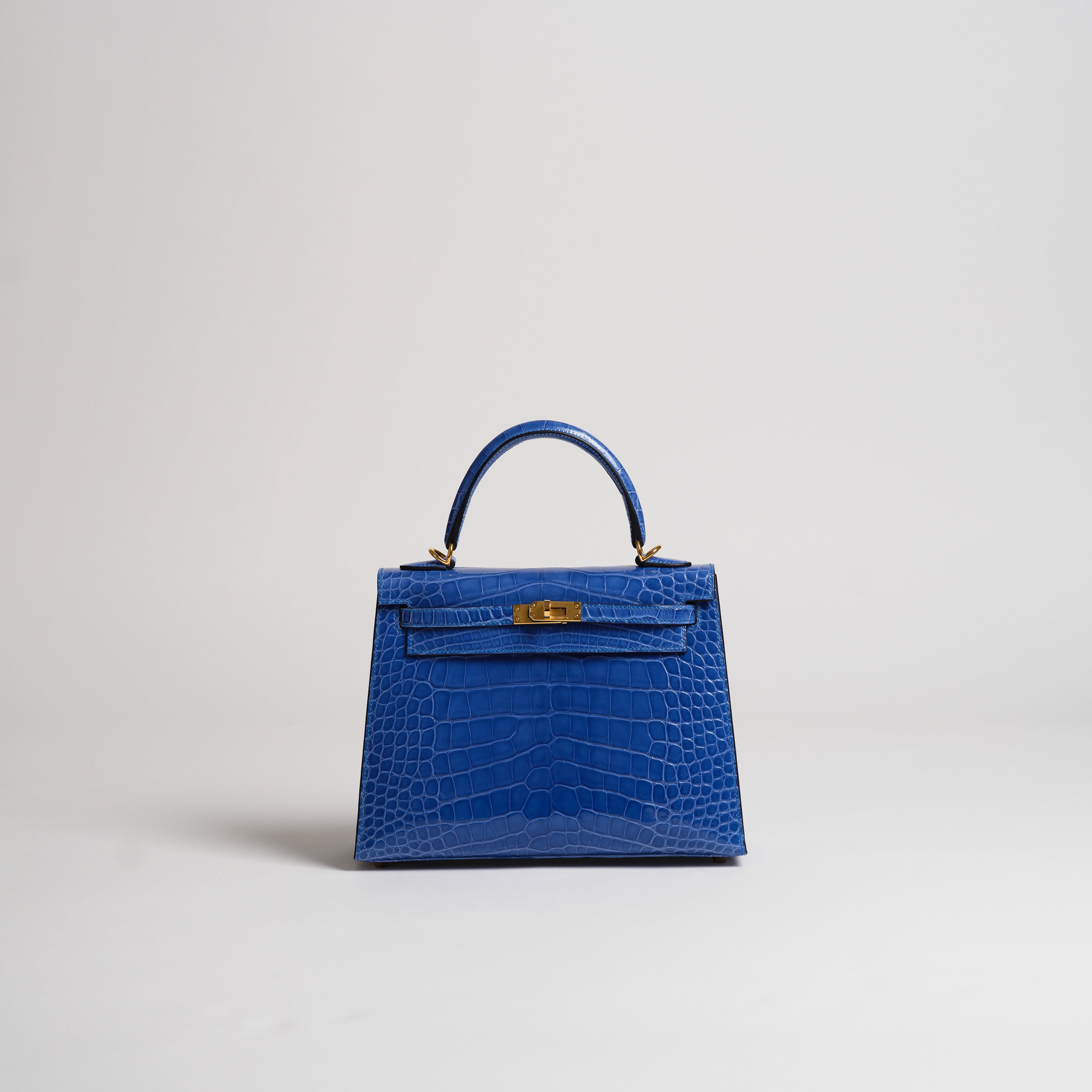 Hermès 25cm Kelly Sellier blue zellige shiny alligator gold hardware