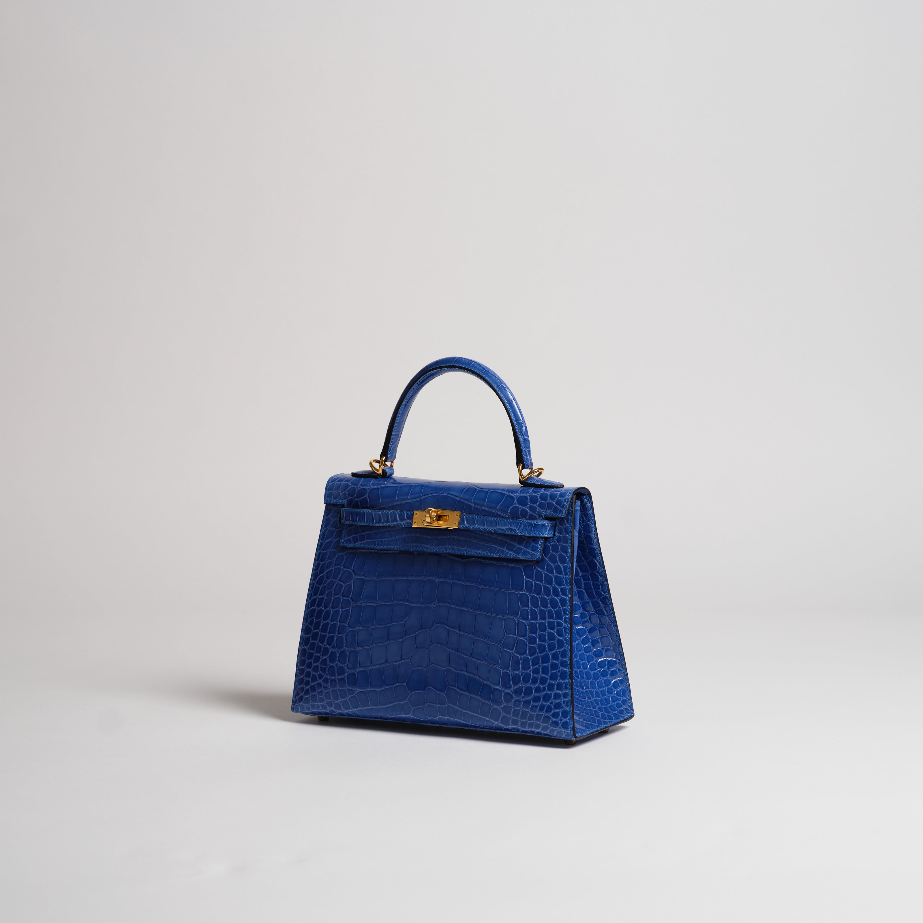 Hermès 25cm Kelly Sellier blue zellige shiny alligator gold hardware