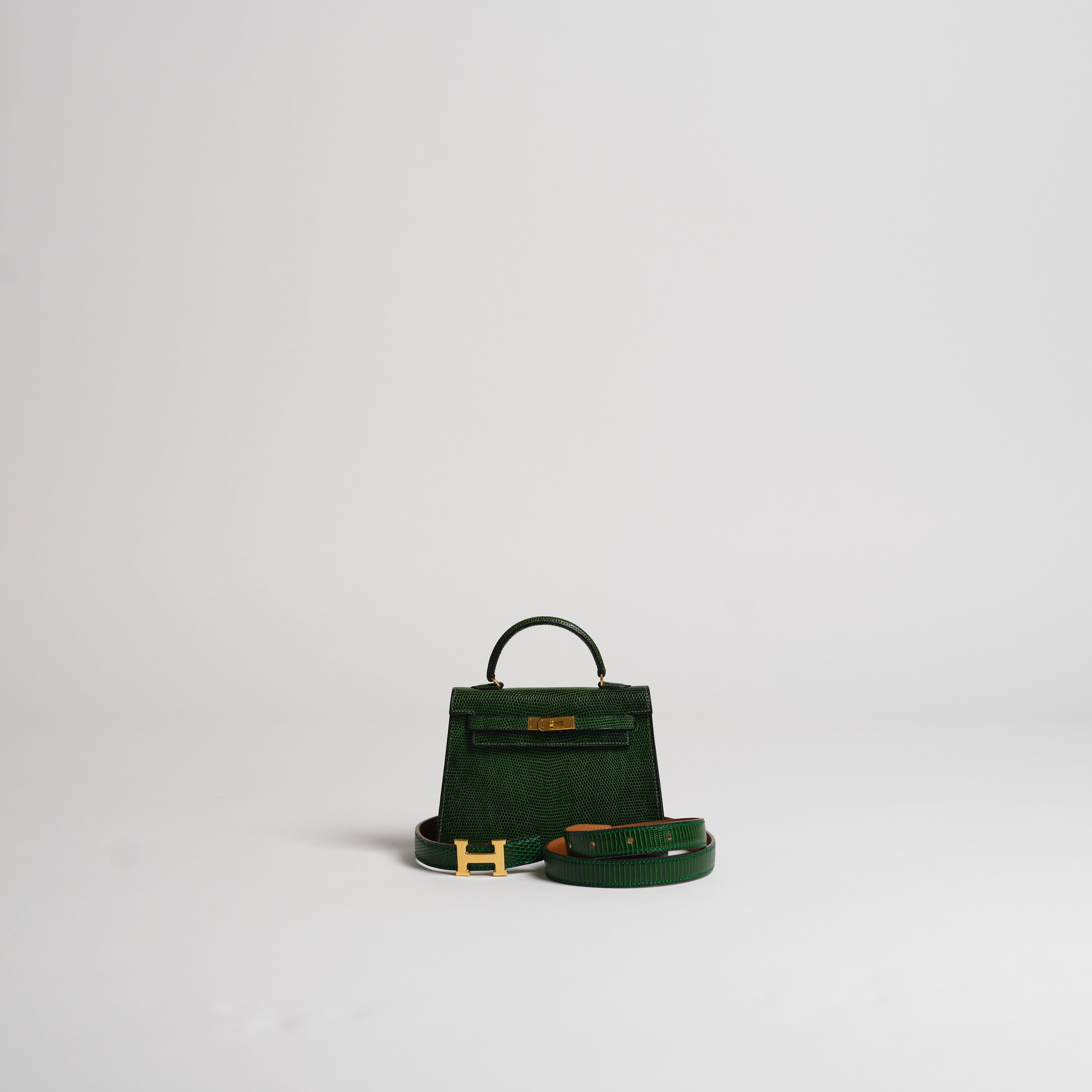 Vintage Hermès 15cm Kelly Sellier vert moyen lizard gold hardware