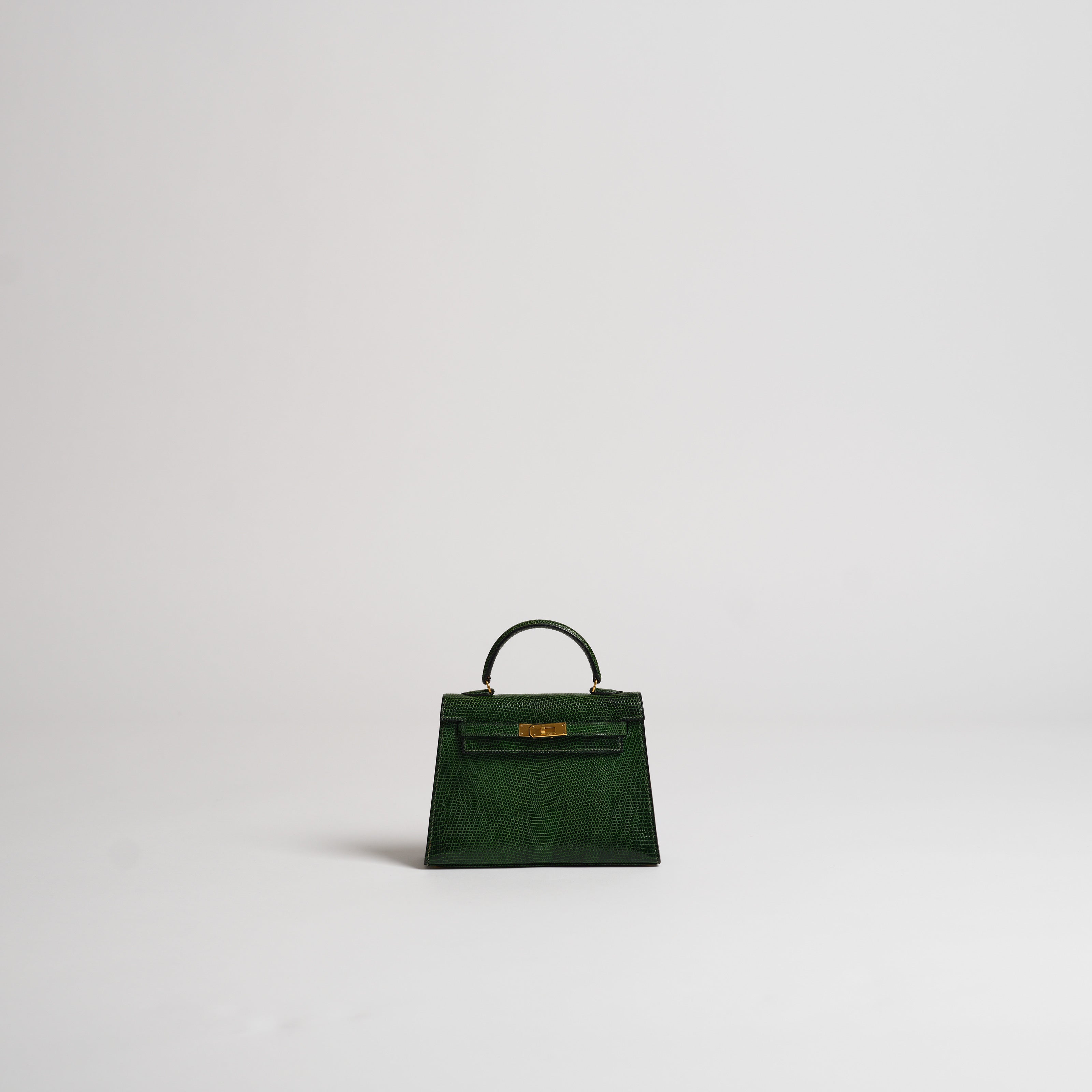 Vintage Hermès 15cm Kelly Sellier vert moyen lizard gold hardware