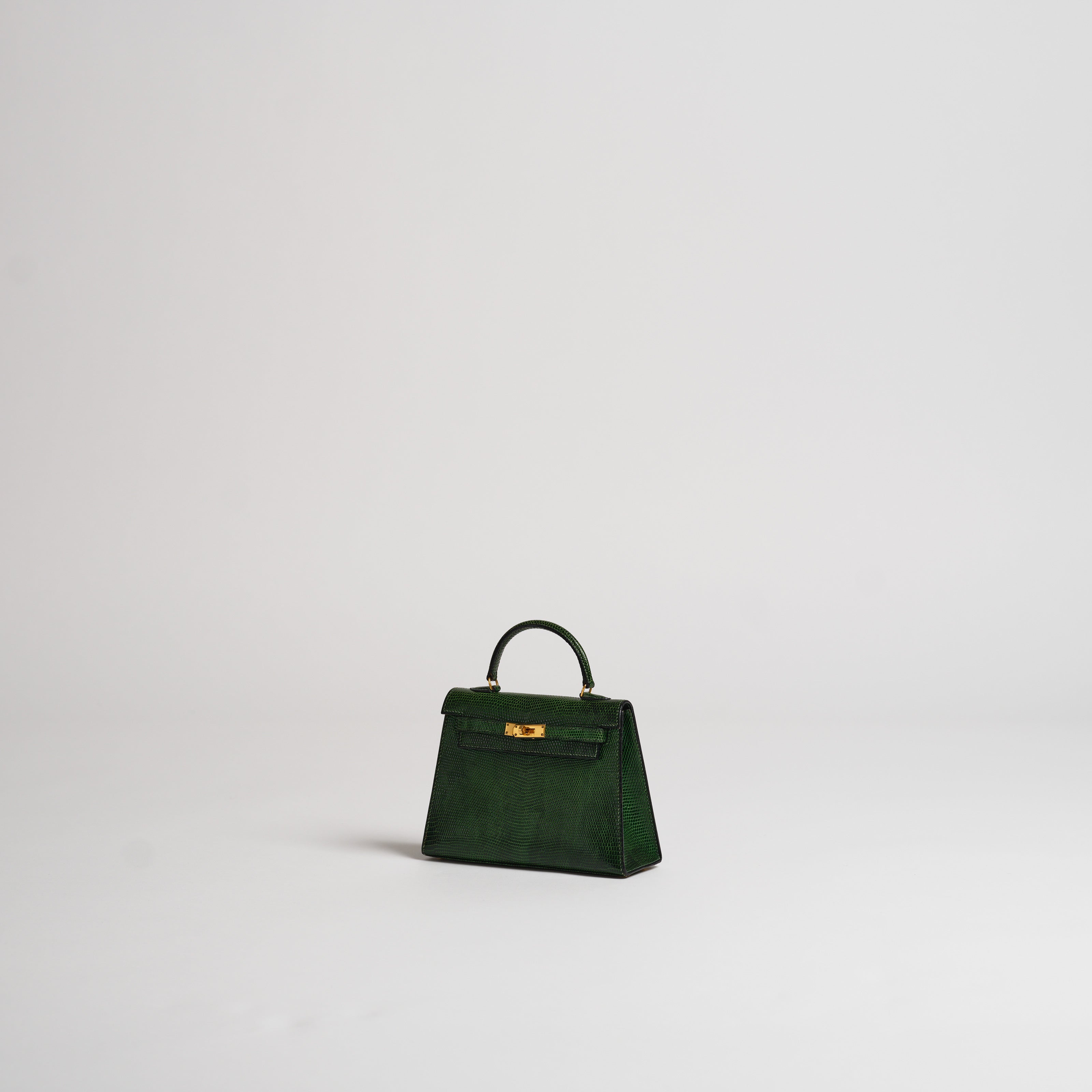 Vintage Hermès 15cm Kelly Sellier vert moyen lizard gold hardware