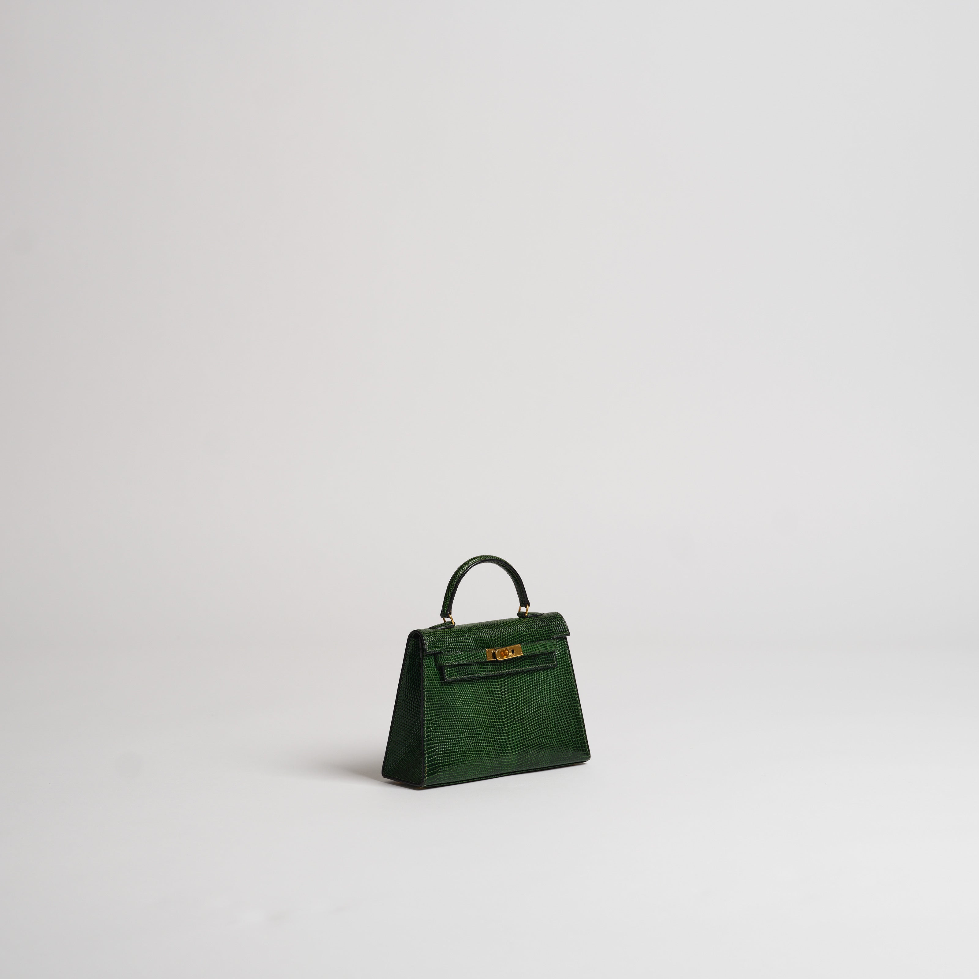 Vintage Hermès 15cm Kelly Sellier vert moyen lizard gold hardware