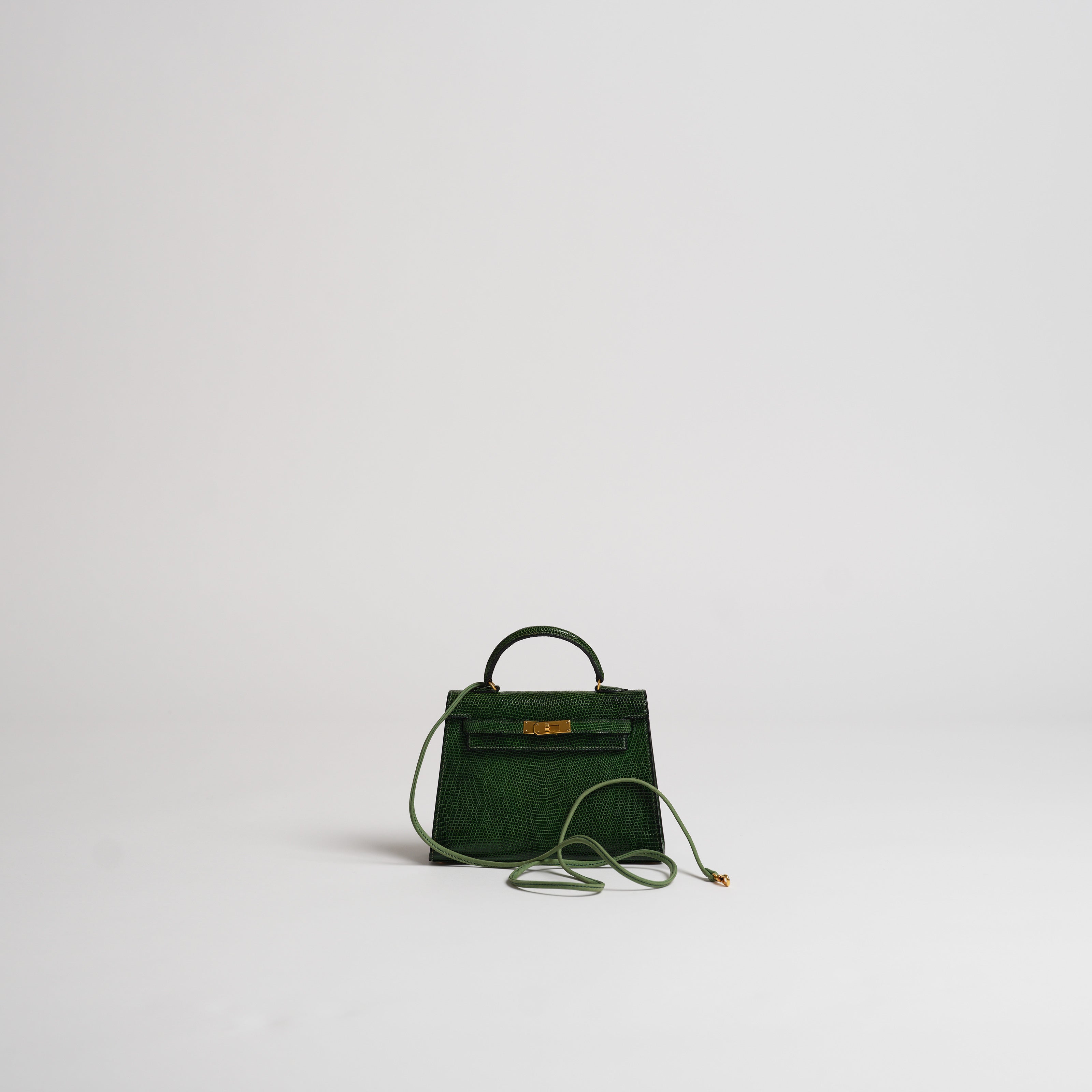 Vintage Hermès 15cm Kelly Sellier vert moyen lizard gold hardware