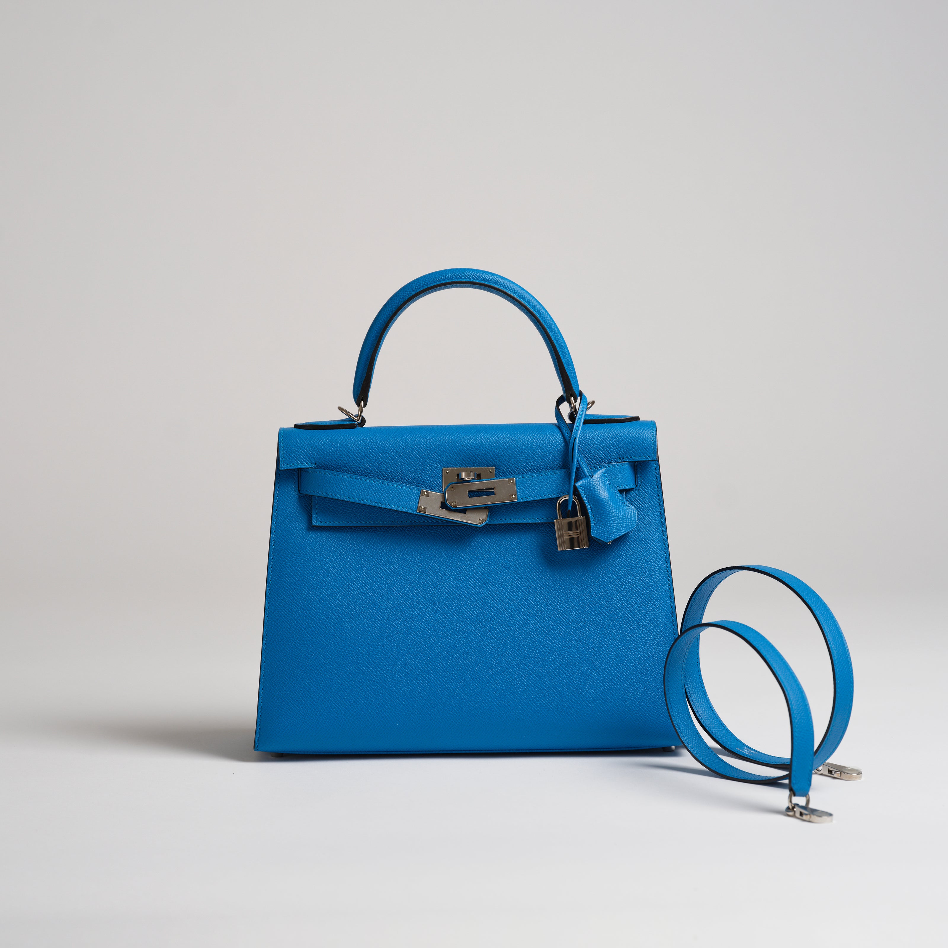 Hermès 28cm Kelly Sellier blue zanzibar epsom palladium hardware