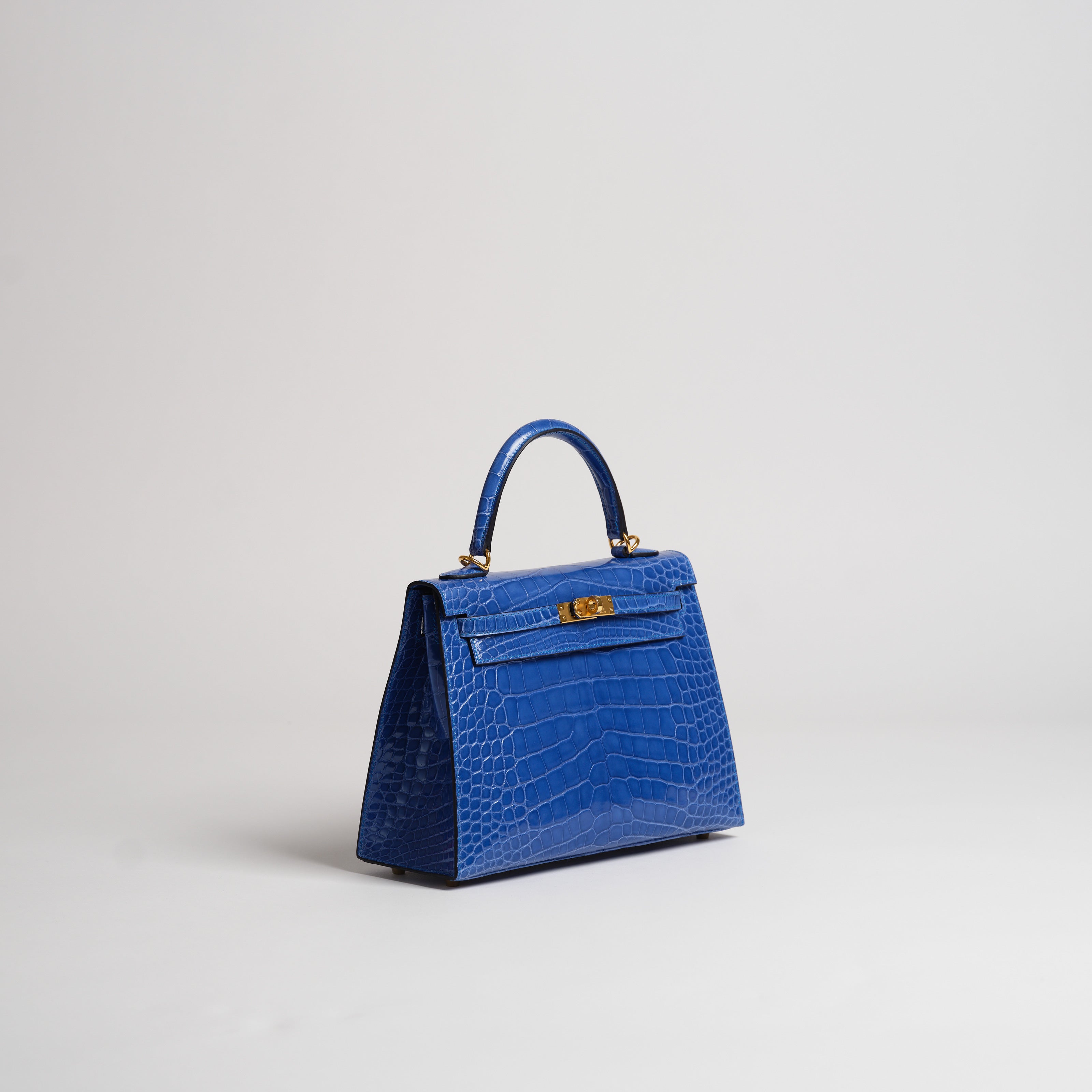 Hermès 25cm Kelly Sellier blue zellige shiny alligator gold hardware