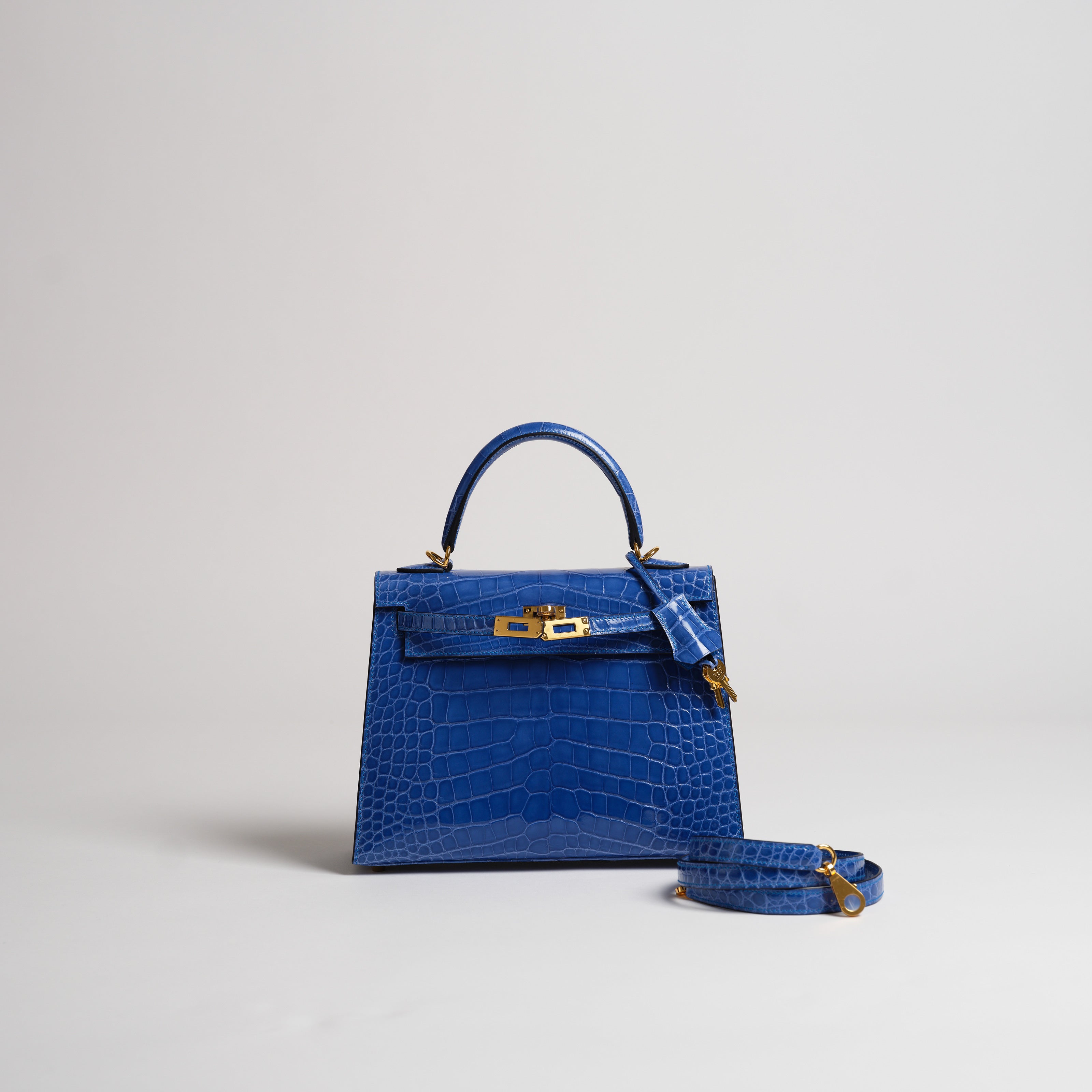 Hermès 25cm Kelly Sellier blue zellige shiny alligator gold hardware