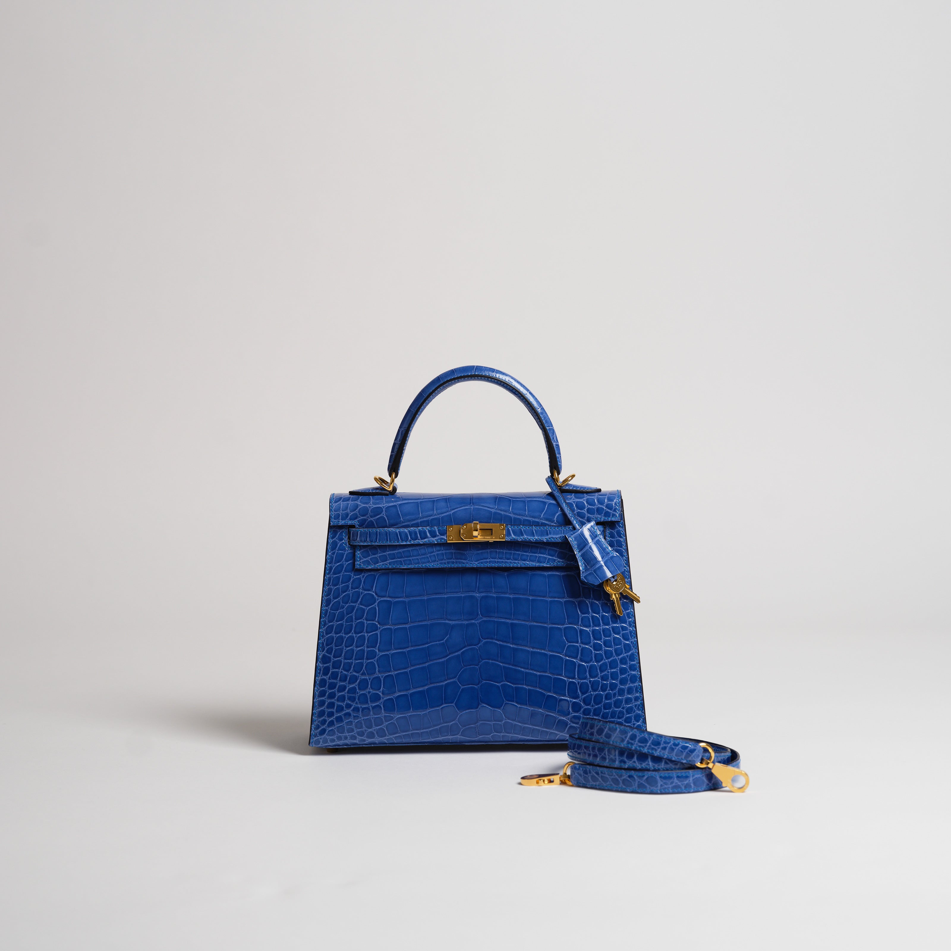 Hermès 25cm Kelly Sellier blue zellige shiny alligator gold hardware