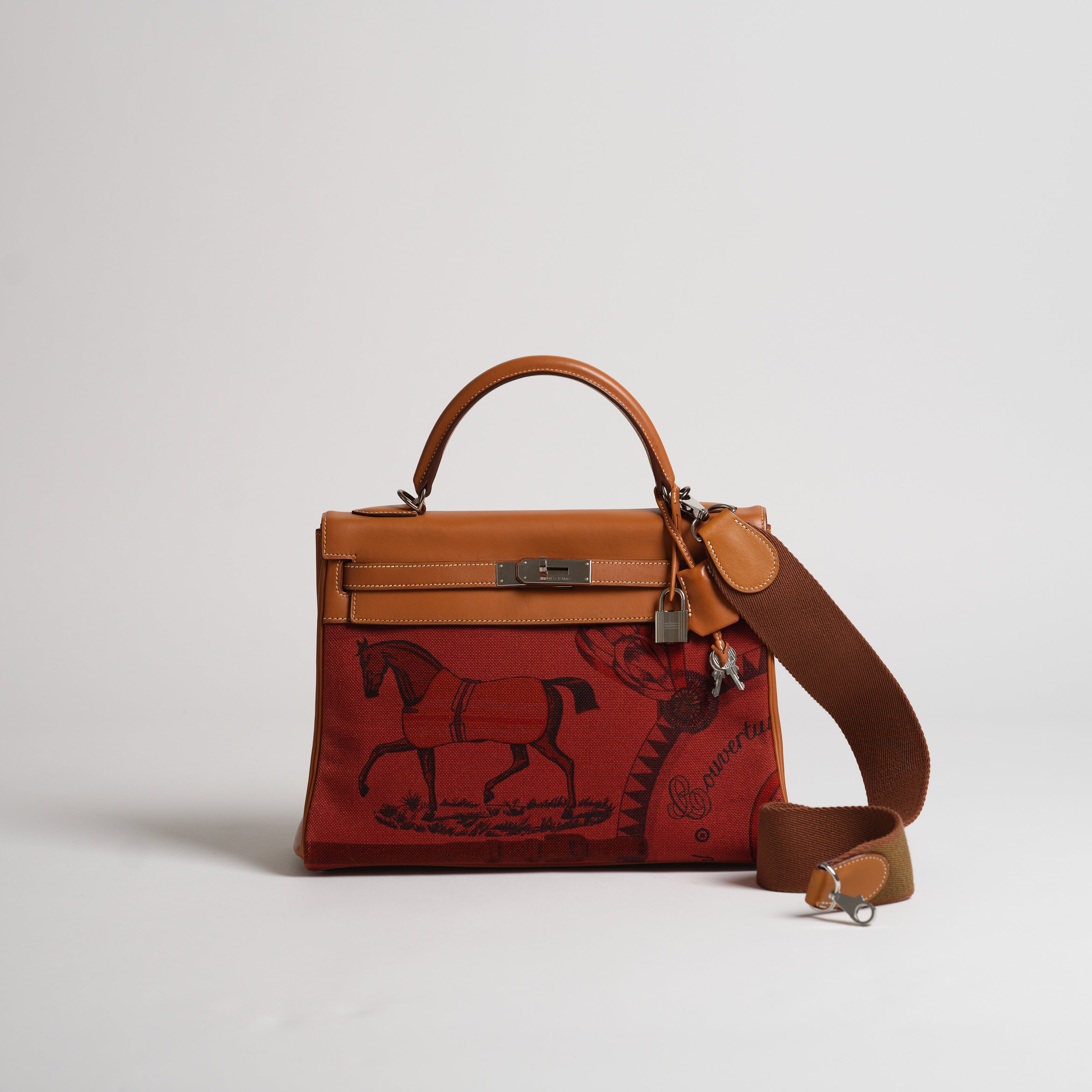 Vintage Hermès 32cm Kelly Retourne horseprint canvas & barenia palladium hardware